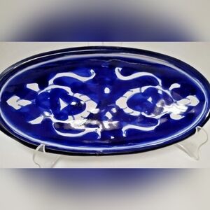 Handpainted Tunisian Pottery Cobalt Blue & White Oval 9"×5" Plate Pre-owned